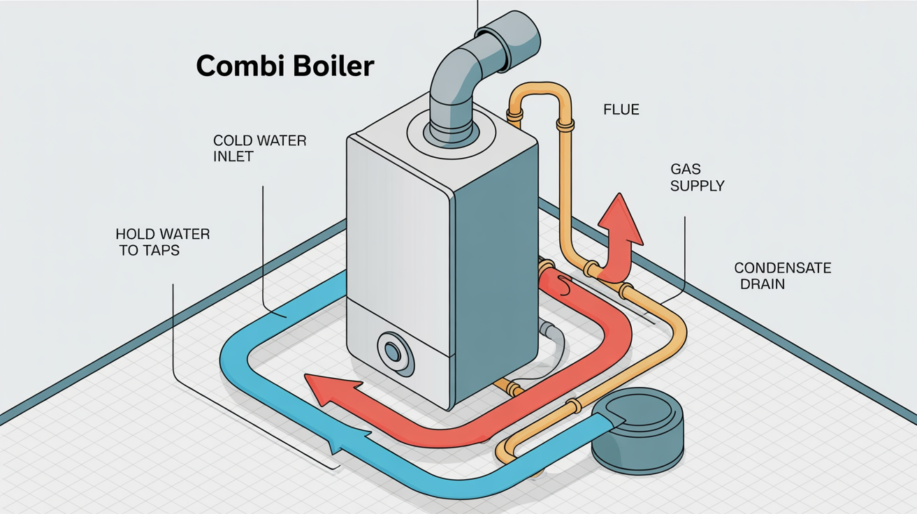A professional, clean infographic diagram of a combi boiler system in a 16:9 aspect ratio. The isometric vector illustration shows the boiler unit with labeled pipes and arrows indicating the flow of water and gas, all set against a minimalist light gray background.