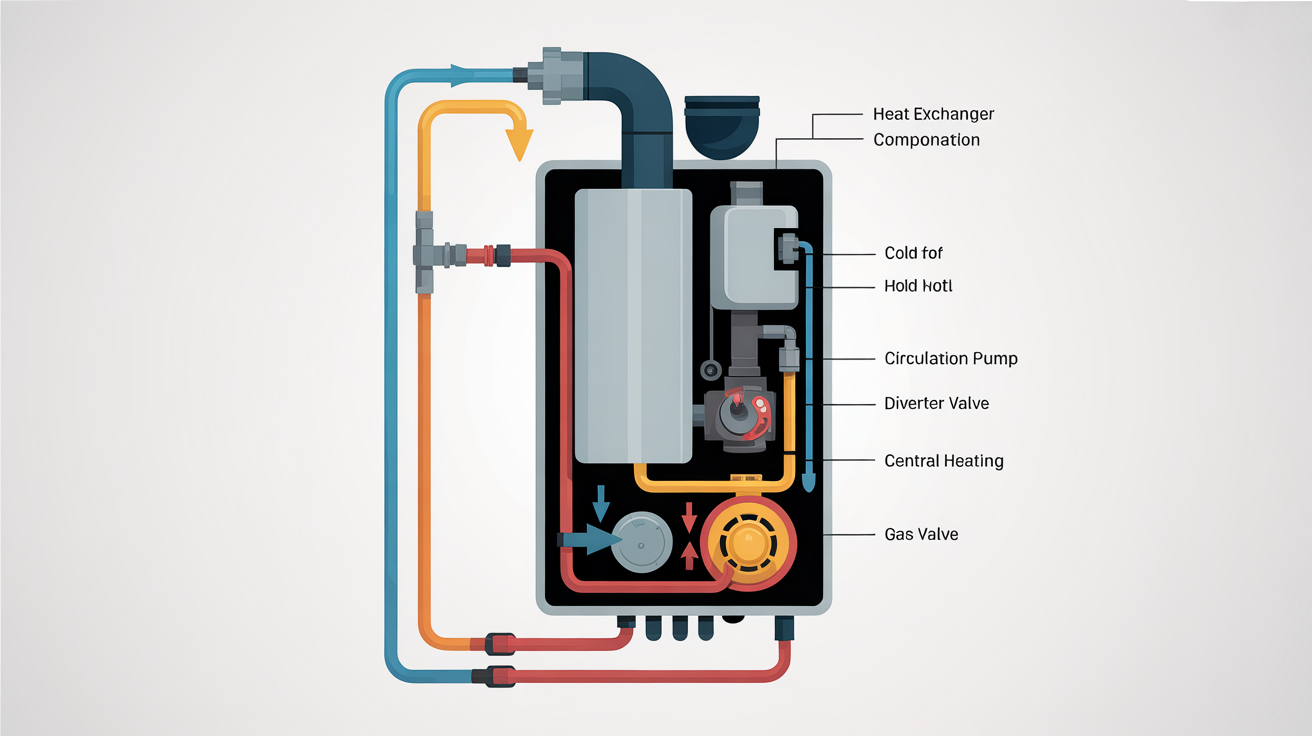 A clear, color-coded schematic diagram of a combi boiler, illustrating its internal components and the flow of water and gas for heating and hot water, set against a white background.