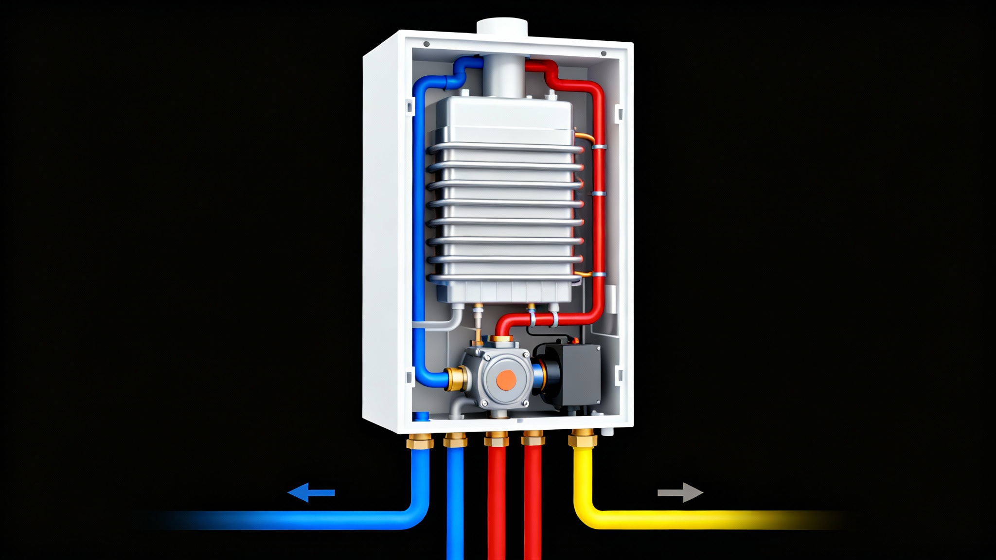 A clear, color-coded diagram showing the internal workings and pipe connections of a modern combination boiler against a white background.
