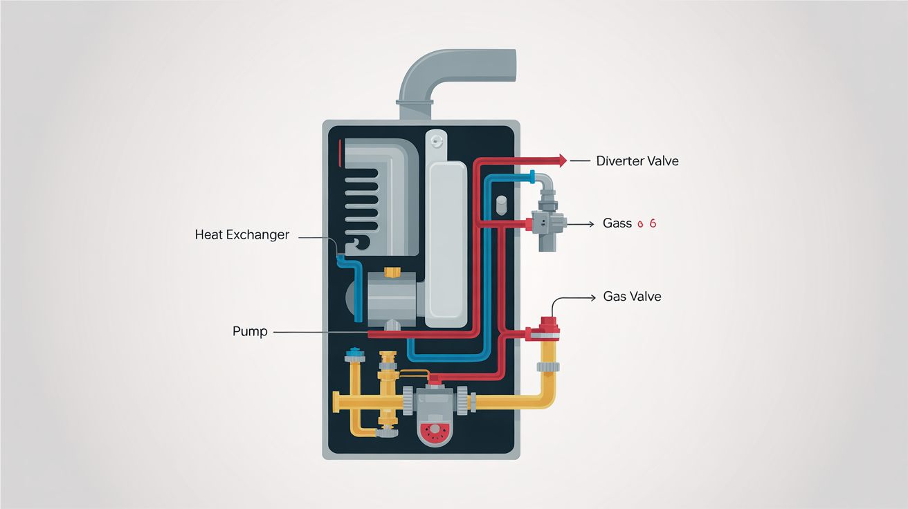 A clear, technical cutaway diagram of a combi boiler, showing its internal components like the heat exchanger and pump, with labels and color-coded pipes indicating water and gas flow.