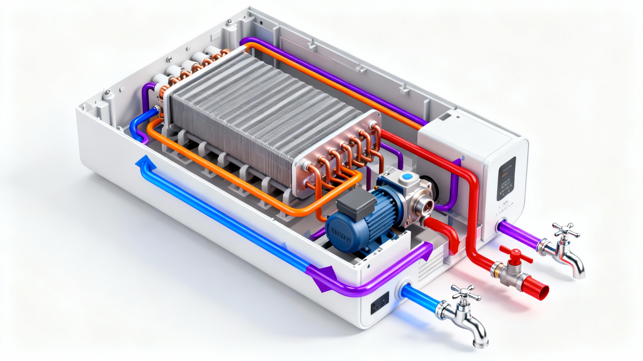 A detailed diagram showing the internal workings of a modern combi boiler. Color-coded arrows illustrate the flow of cold water in, hot water out, and the central heating circuit through various internal components.