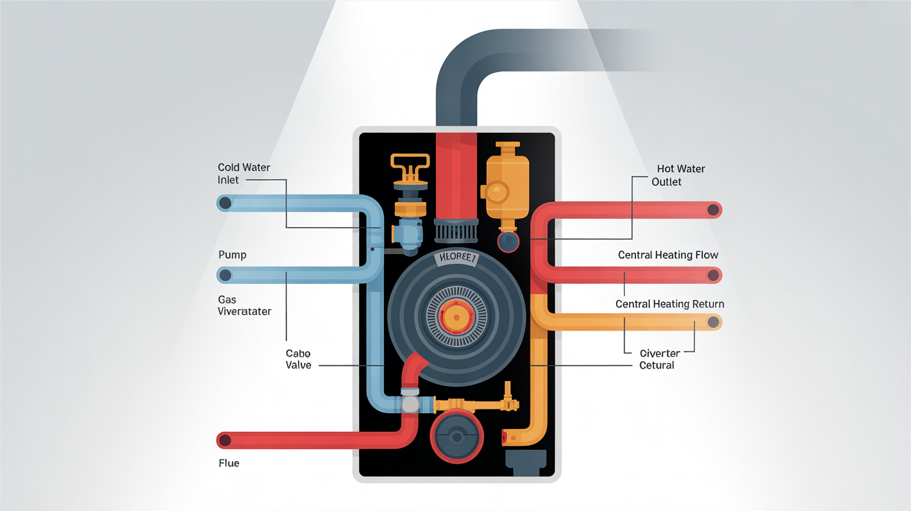 A clear, color-coded technical diagram of a modern combi boiler, showing the internal components and the flow of water and gas with descriptive labels.