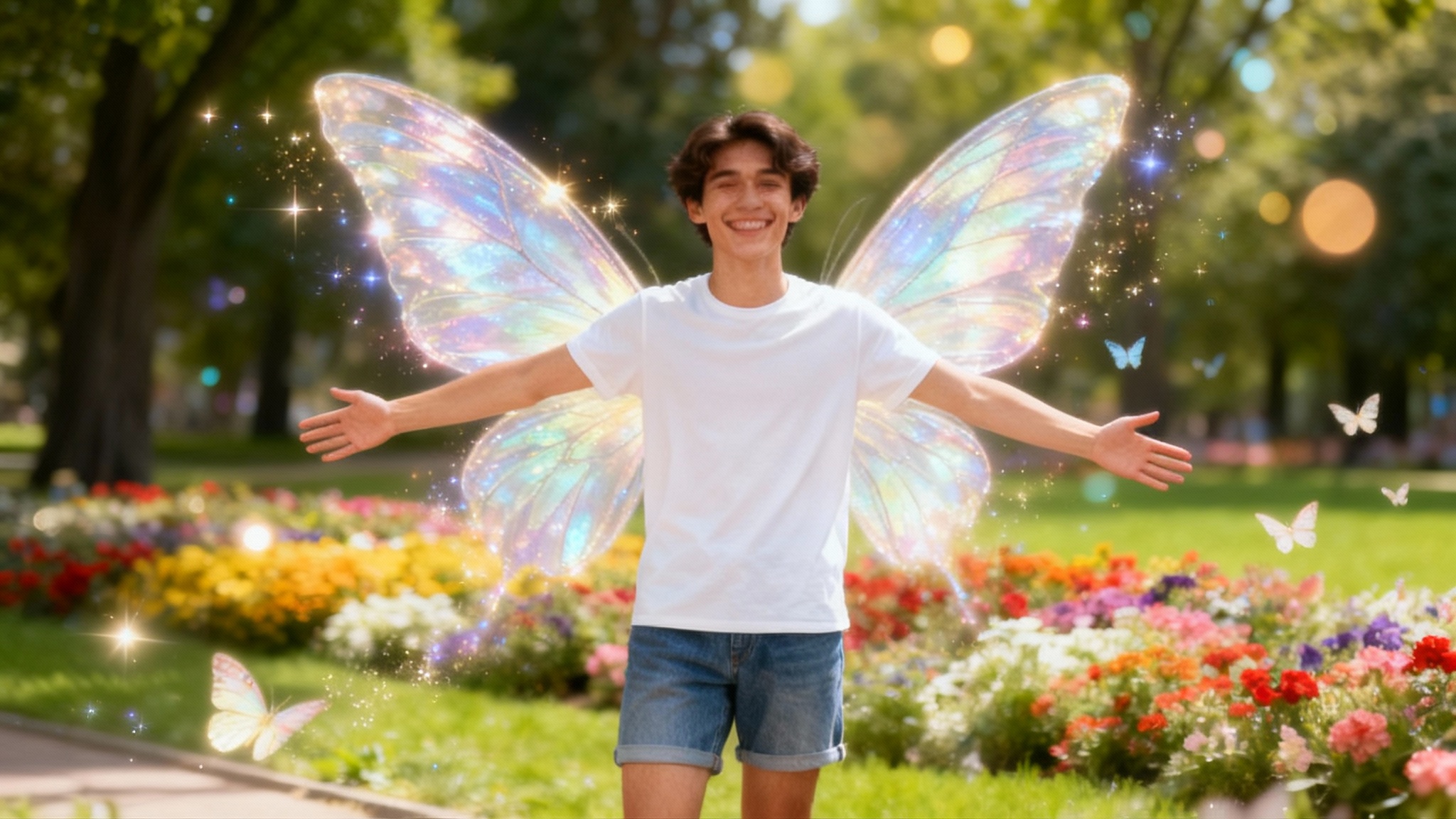 A high-quality image of a smiling person in a park with digitally-added shimmering butterfly wings and magical sparkles, demonstrating a creative lens effect.