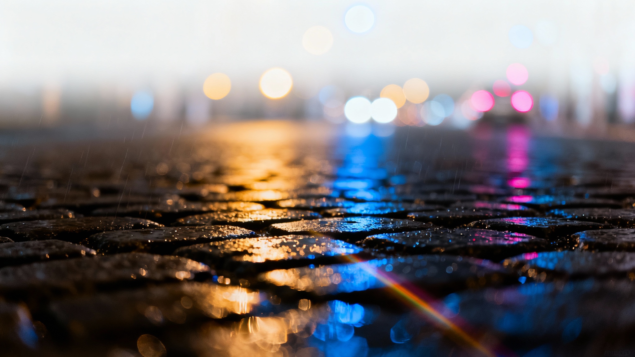 A photorealistic image demonstrating a lens effect, with a sharp focus on a wet cobblestone street and a beautifully blurred background of colorful city lights creating a strong bokeh effect.