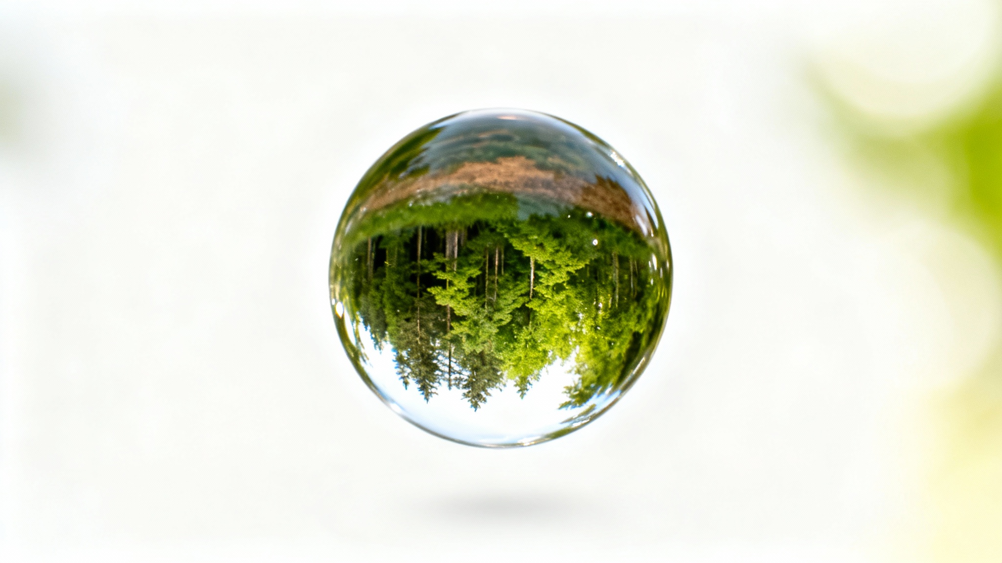 A photorealistic image demonstrating a lens effect, showing a single water droplet in sharp focus magnifying and inverting a forest scene, against a blurred background.