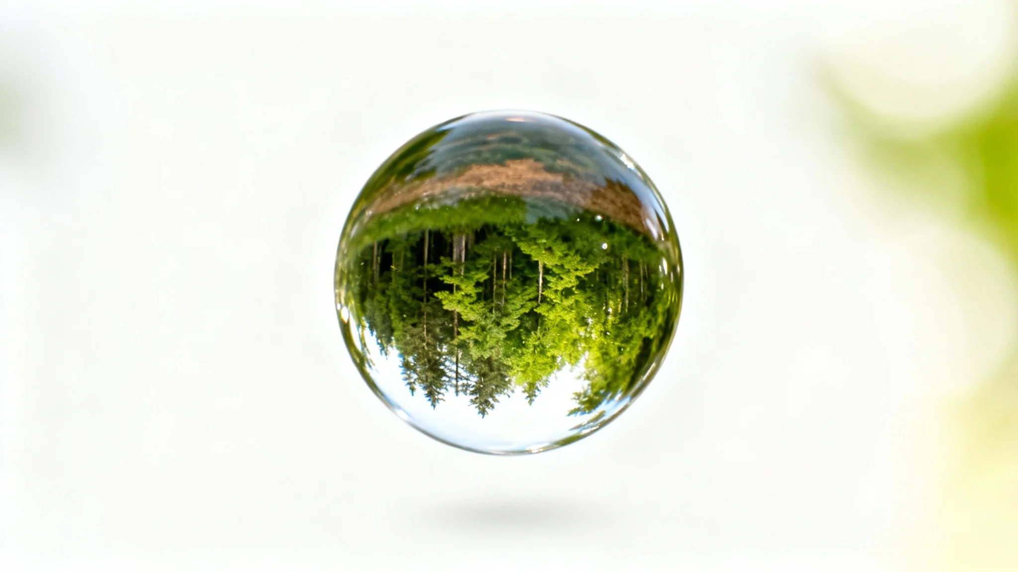 A photorealistic image demonstrating a lens effect, showing a single water droplet in sharp focus magnifying and inverting a forest scene, against a blurred background.