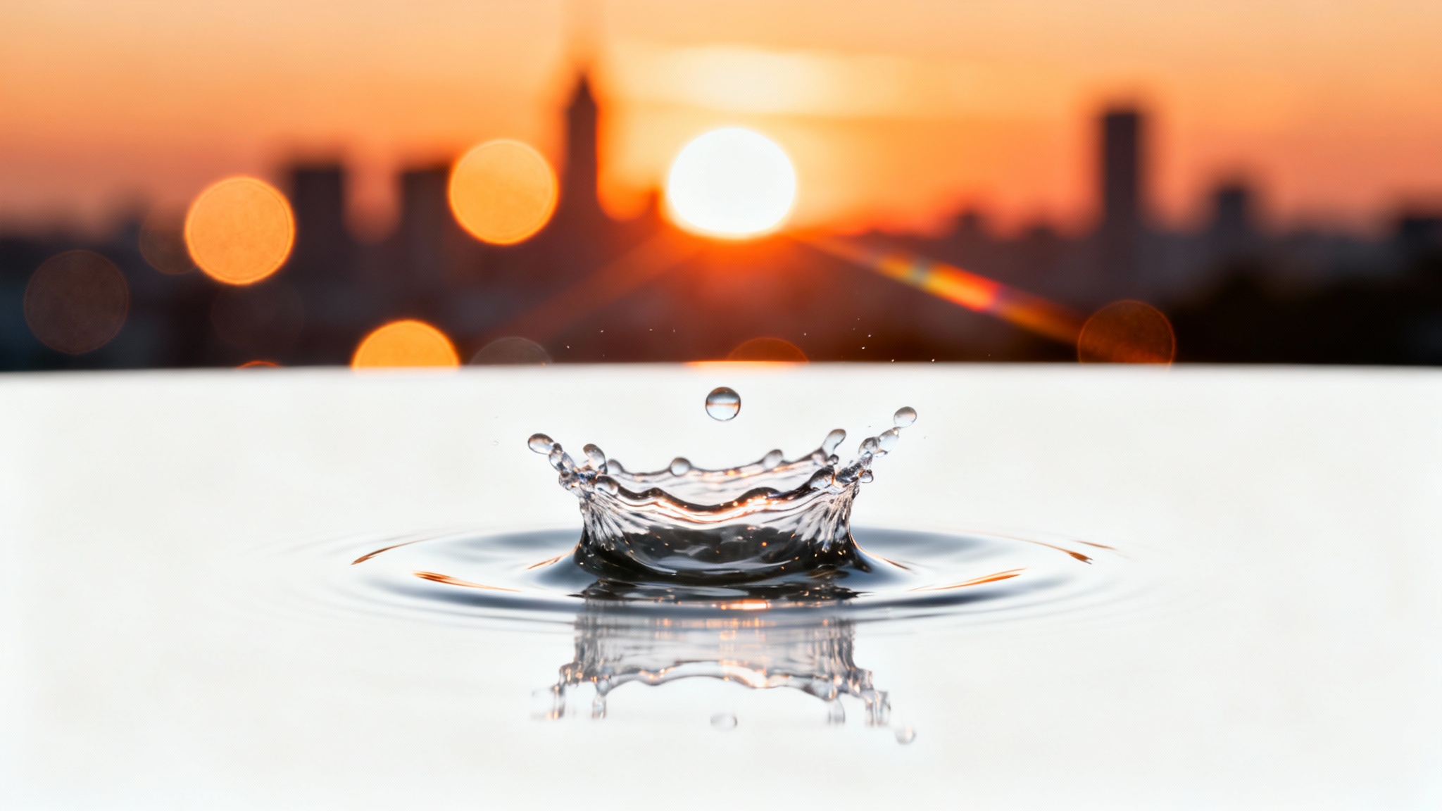 A hyper-realistic photograph demonstrating a lens effect, showing a close-up of a water splash frozen in time against a background of blurry sunset city lights, creating a beautiful bokeh effect.