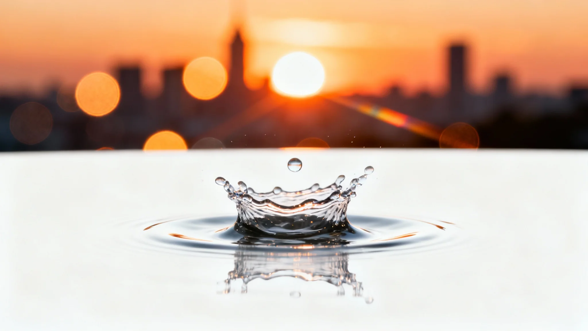 A hyper-realistic photograph demonstrating a lens effect, showing a close-up of a water splash frozen in time against a background of blurry sunset city lights, creating a beautiful bokeh effect.