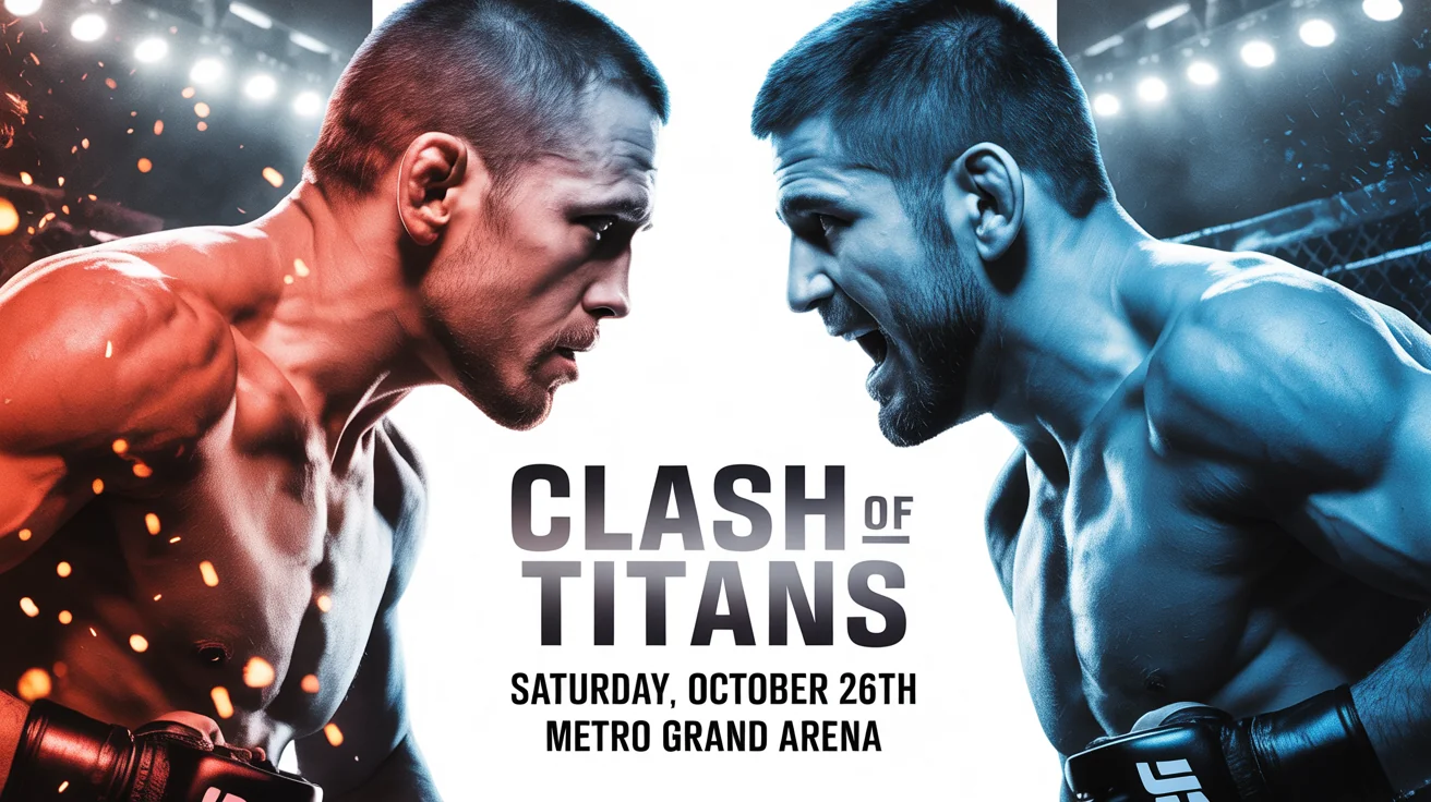 A promotional poster mockup for an MMA event named 'Clash of Titans'. The poster features two muscular fighters staring each other down, set against a dark, dramatic background with red and blue lighting.