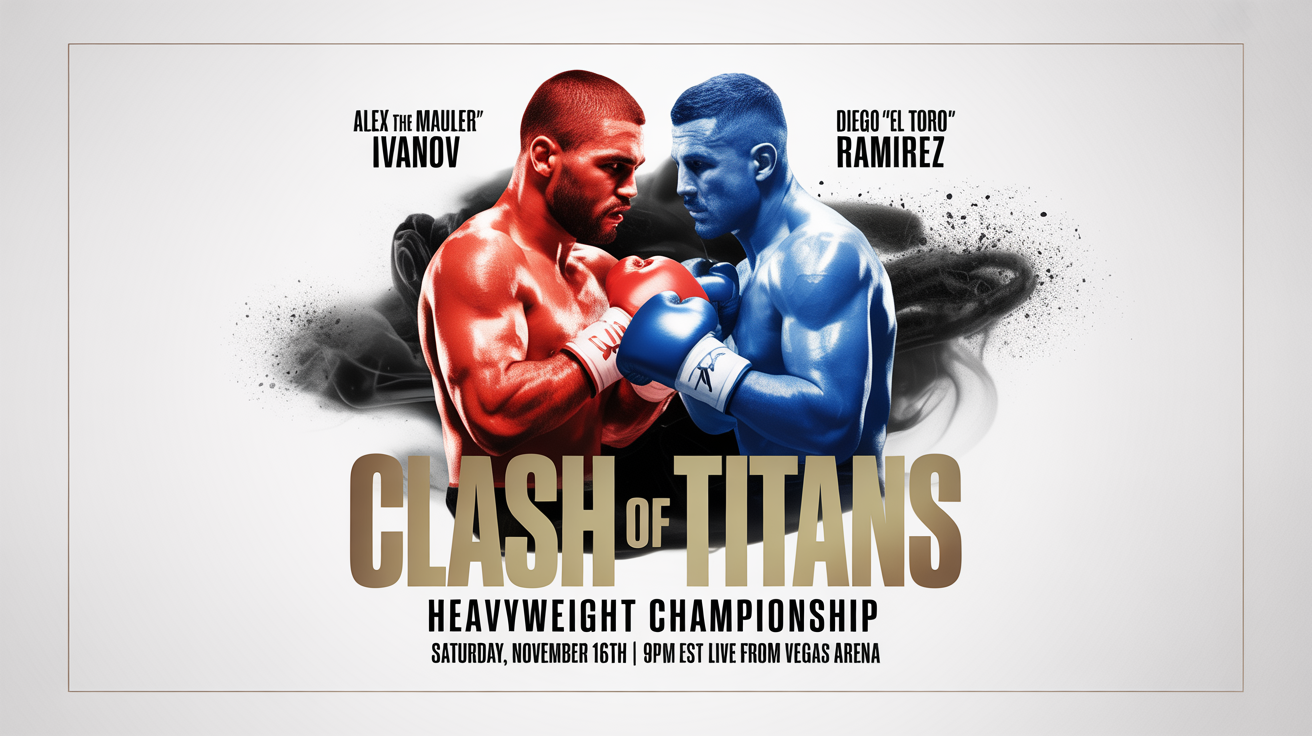 A professional boxing match poster mockup for an event called 'Clash of Titans', featuring two boxers in a dramatic face-off with bold, legible text for event details.