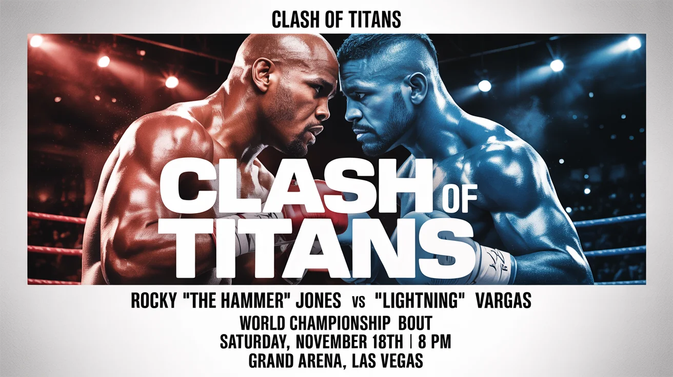 A professional promotional poster for a boxing match titled 'Clash of Titans', featuring two intense boxers facing off. The poster includes fictional event details and is displayed against a white background.