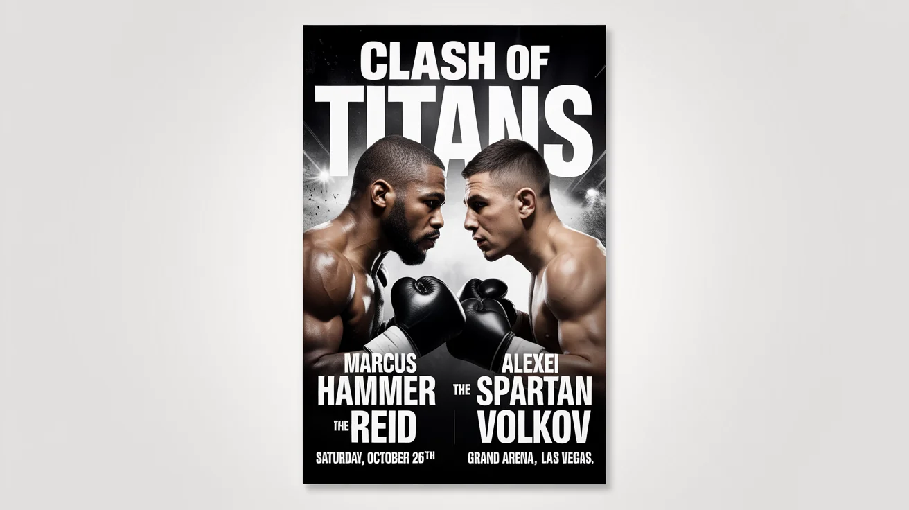 A professional mockup of a boxing match promotional poster titled 'Clash of Titans', featuring two boxers in a dramatic face-off against a dark, spotlit background.