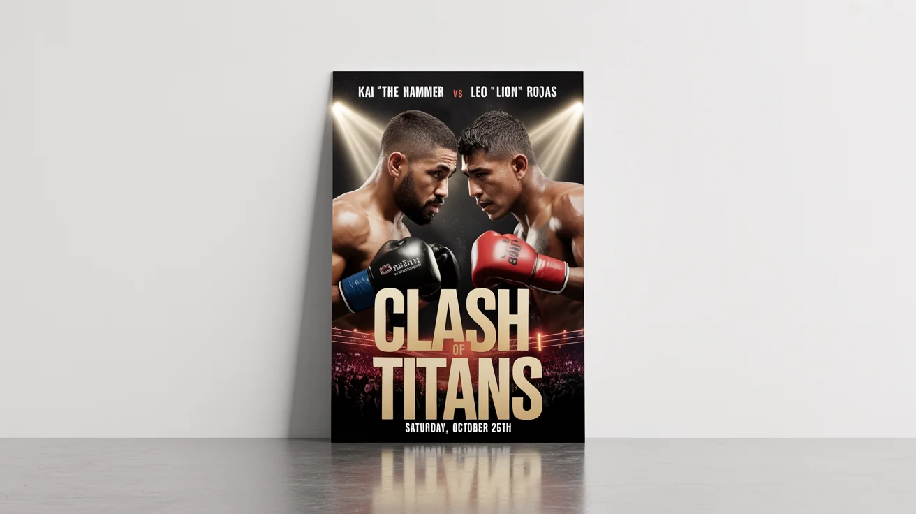 A professional mockup of a promotional poster for a boxing match titled 'Clash of Titans', featuring two boxers in an intense face-off. The poster is displayed against a plain white background.