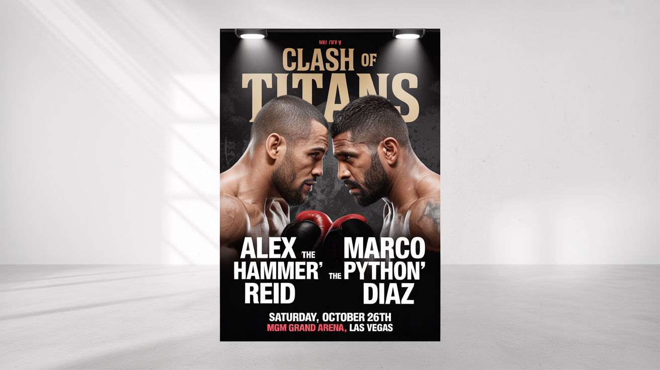 A professional mockup of a promotional poster for a fictional boxing match titled 'Clash of Titans', featuring two boxers in a dramatic face-off. The poster is shown against a plain white background.