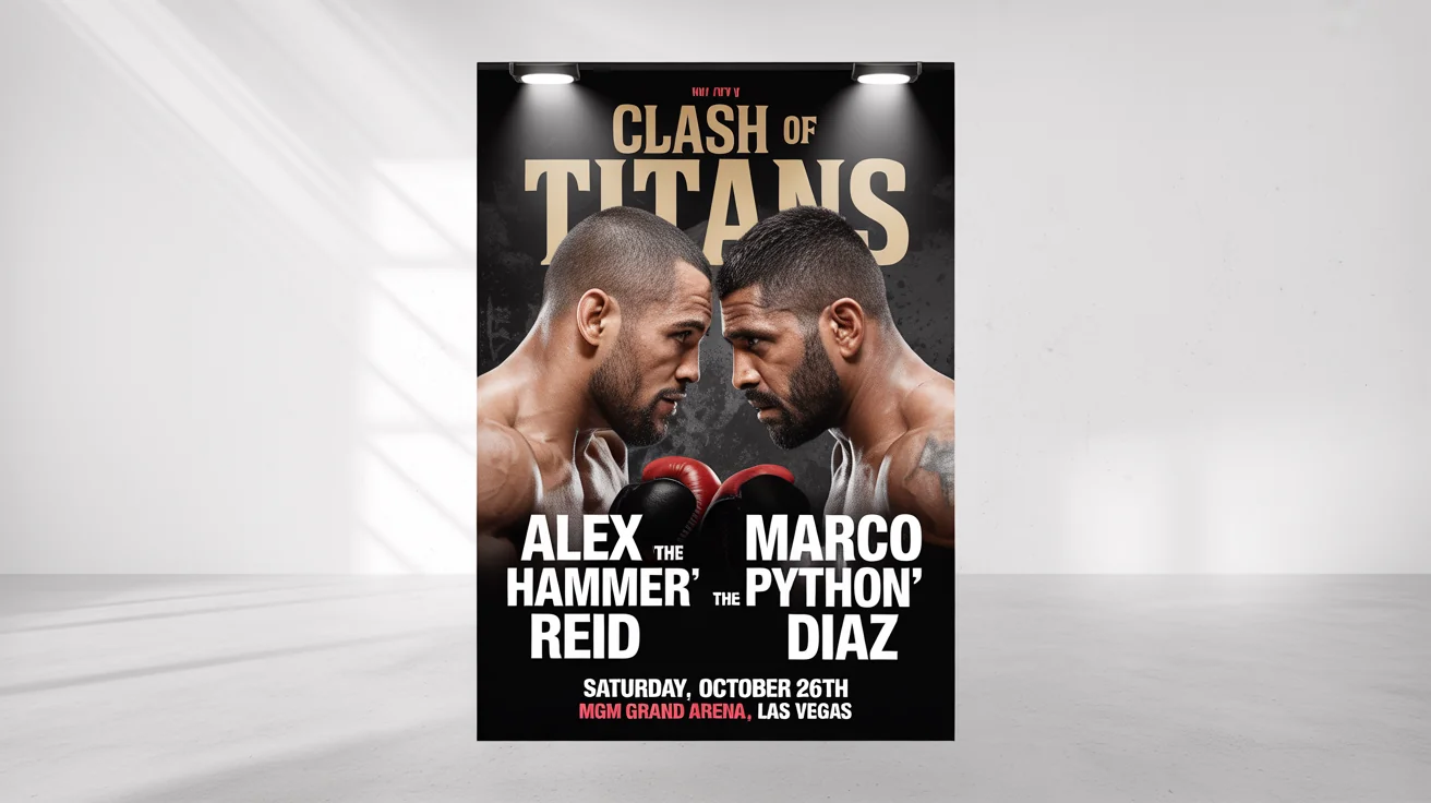 A professional mockup of a promotional poster for a fictional boxing match titled 'Clash of Titans', featuring two boxers in a dramatic face-off. The poster is shown against a plain white background.
