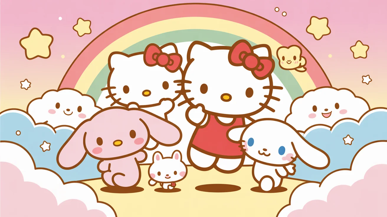 A vibrant and cute digital illustration in the Sanrio style, showing characters like Hello Kitty and My Melody in a pastel world with a rainbow. This represents the final artwork created by the tool.