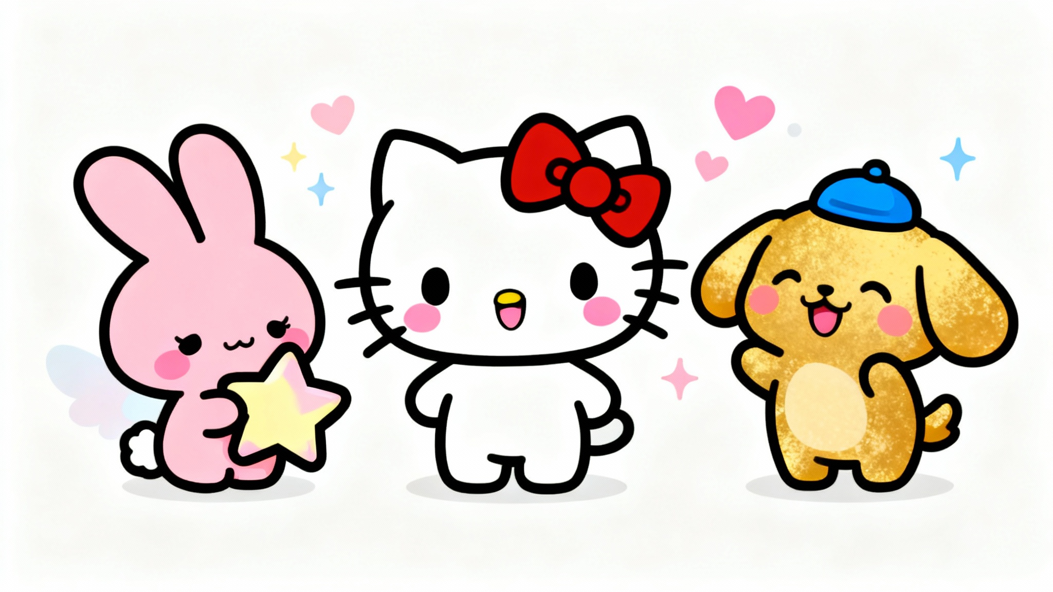 A cute Sanrio-style illustration featuring a white cat with a red bow, a pink rabbit, and a golden dog, all designed in a simple, cheerful chibi style against a white background.
