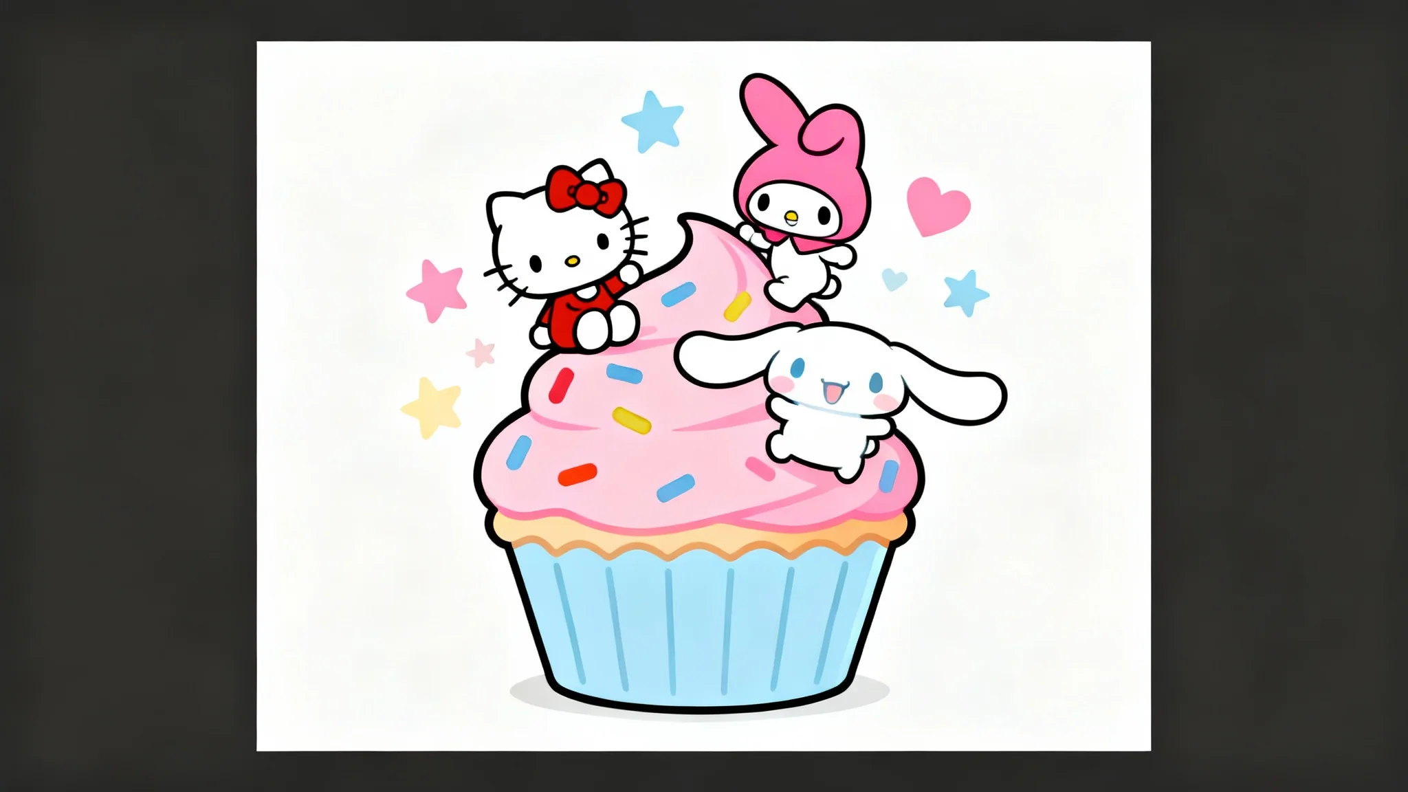 An adorable Sanrio-style illustration of Hello Kitty, My Melody, and Cinnamoroll happily playing around a giant cupcake, isolated on a clean white background.