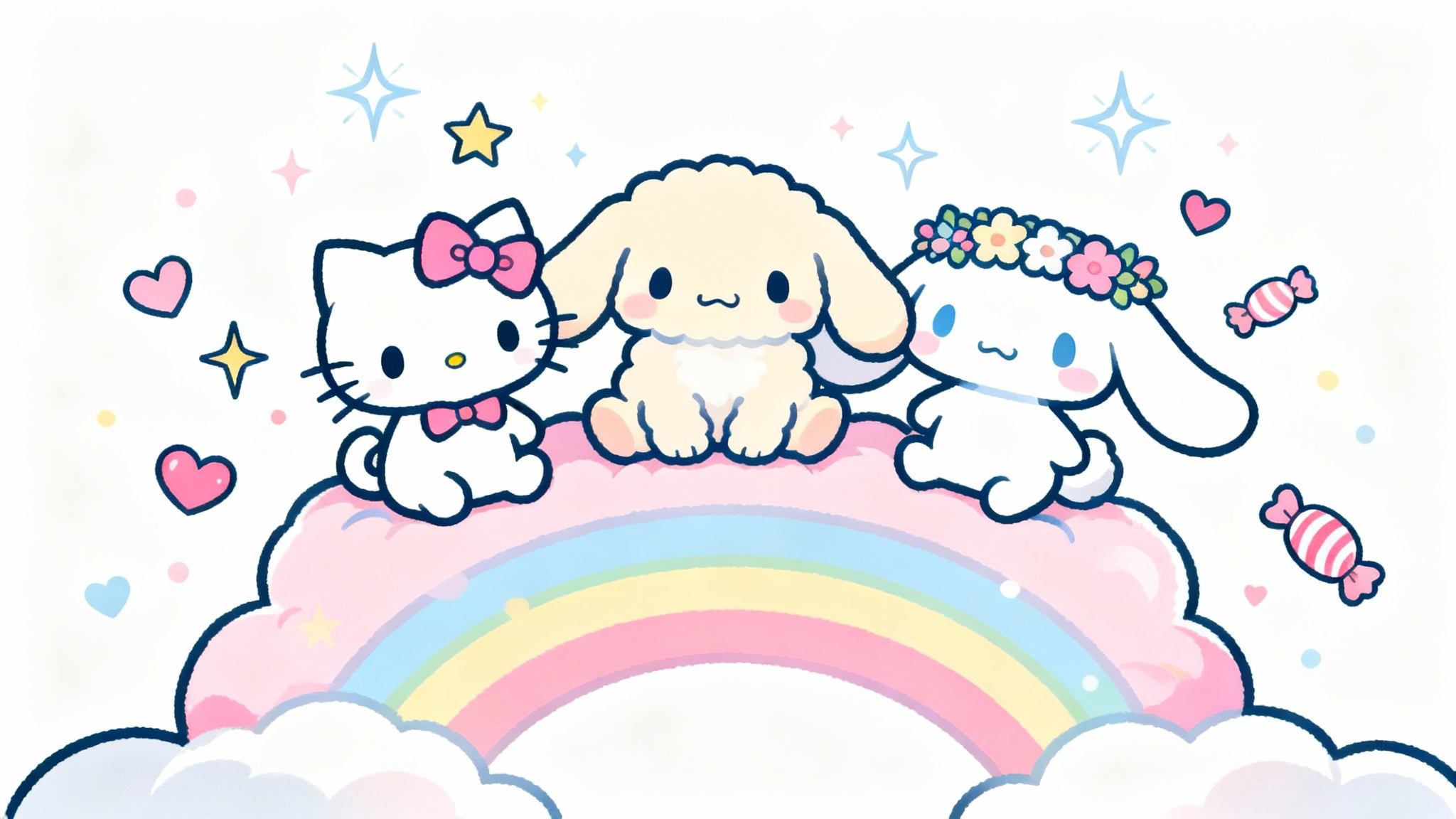 An adorable Sanrio-inspired illustration of three cute animal characters, a white cat, a fluffy puppy, and a bunny sitting on a rainbow cloud against a white background. The style is kawaii with pastel colors and sparkles.