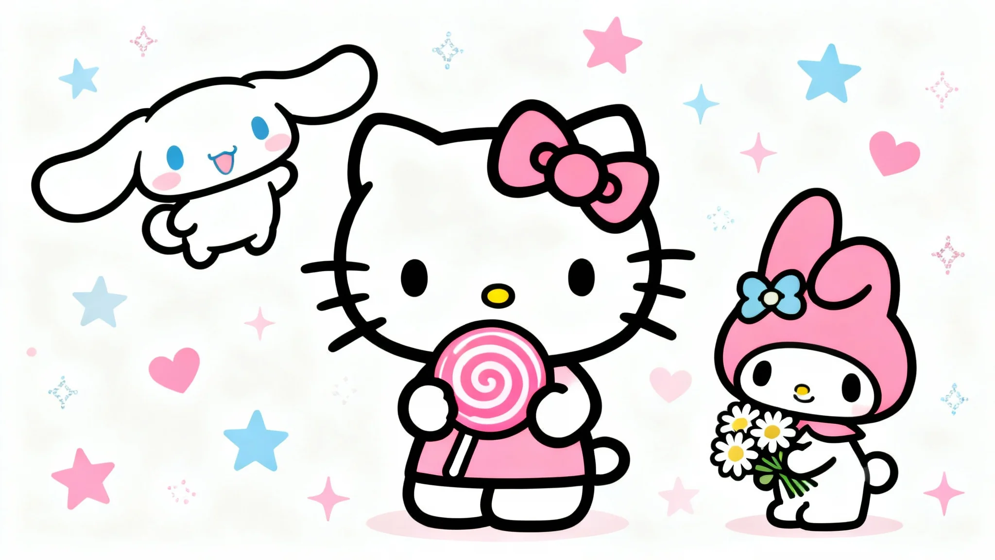 A cute Sanrio-style illustration showing Hello Kitty, Cinnamoroll, and My Melody together against a plain white background, surrounded by stars and hearts.