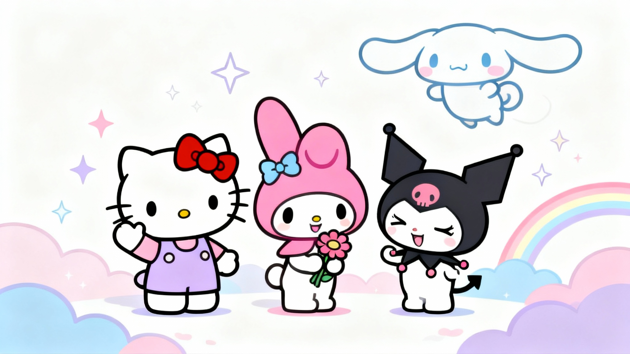 An adorable Sanrio-inspired illustration featuring Hello Kitty, My Melody, Kuromi, and Cinnamoroll in a whimsical, pastel-colored world against a white background.