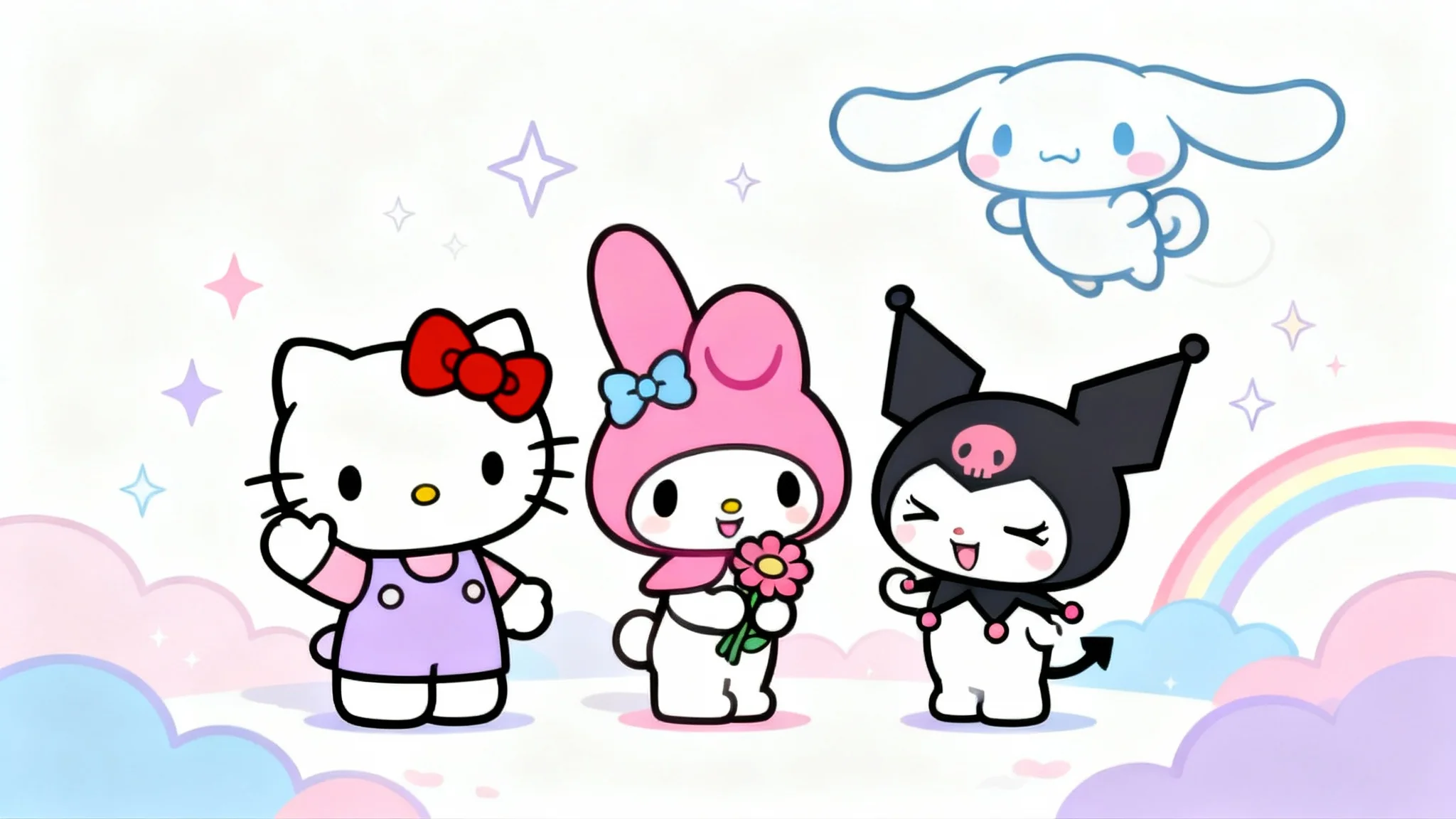 An adorable Sanrio-inspired illustration featuring Hello Kitty, My Melody, Kuromi, and Cinnamoroll in a whimsical, pastel-colored world against a white background.