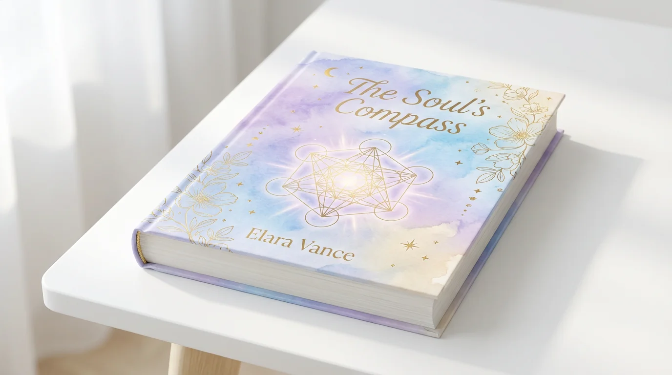 A professional mockup of a spiritual hardcover book titled 'The Soul's Compass' sitting on a clean white surface. The cover features a beautiful, intricate design of Metatron's Cube on a serene pastel background, representing a polished final product from a design tool.