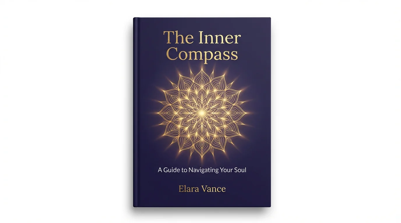 A mockup of a spiritual book titled 'The Inner Compass' by Elara Vance, featuring a dark blue cover with a golden mandala design, standing on a clean white background.
