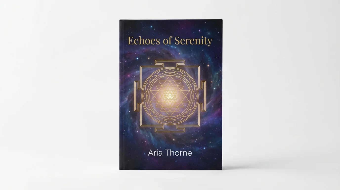A mockup of a spiritual book cover titled 'Echoes of Serenity' by 'Aria Thorne', featuring a glowing gold sacred geometry symbol against a deep space nebula background.
