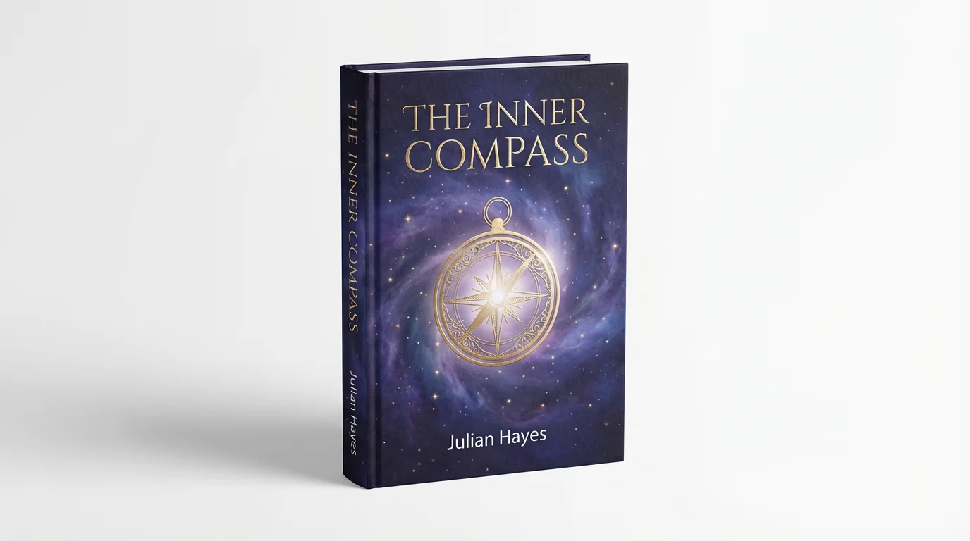 A mockup of a spiritual book titled 'The Inner Compass' by Julian Hayes. The cover features a golden compass glowing on a cosmic nebula background. The book is standing on a plain white surface.
