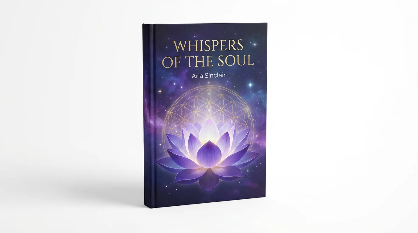 A photorealistic mockup of a spiritual book titled 'Whispers of the Soul' by Aria Sinclair. The cover shows a glowing lotus flower against a background of a purple and blue nebula, presented on a white surface.