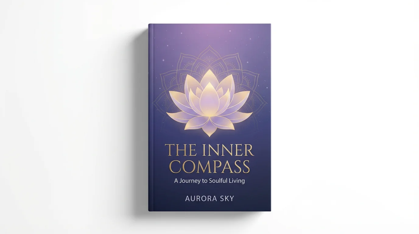 A mockup of a spiritual book titled 'The Inner Compass' by Aurora Sky. The cover features a glowing lotus flower against a deep purple, starry background, and is displayed standing on a white surface.