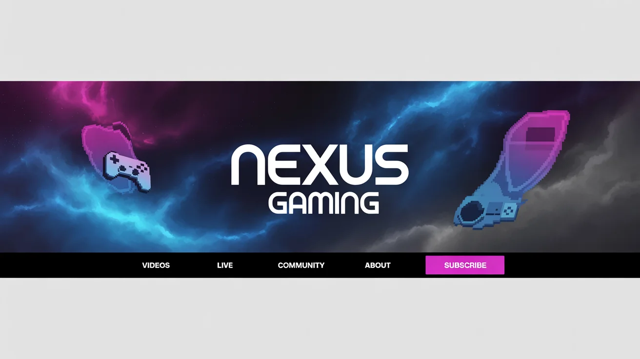 A mockup of a YouTube channel art banner for a gaming channel called 'Nexus Gaming'. The design is futuristic with blue and magenta neon lights on a dark background, all presented on a clean white surface.