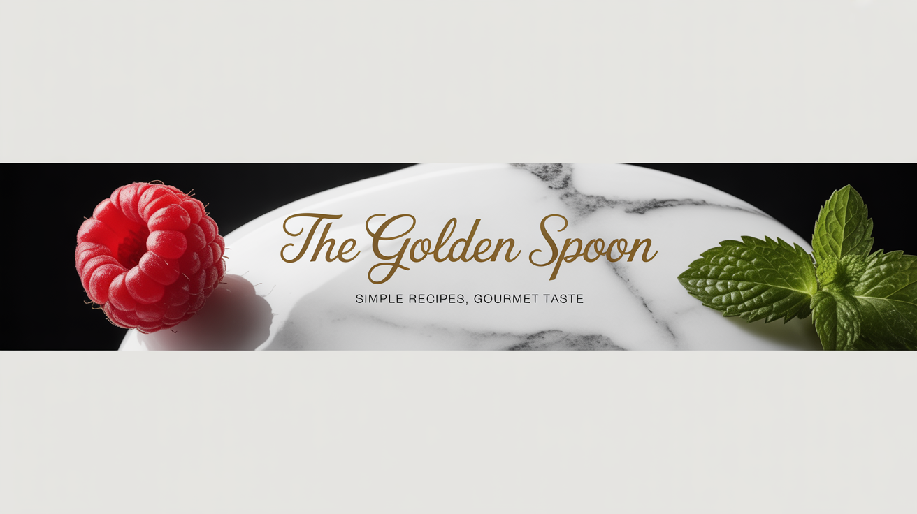 A mockup of a YouTube channel art banner for a cooking channel, showing the channel name 'The Golden Spoon' in gold script on a white marble background, flanked by a raspberry and a mint leaf.