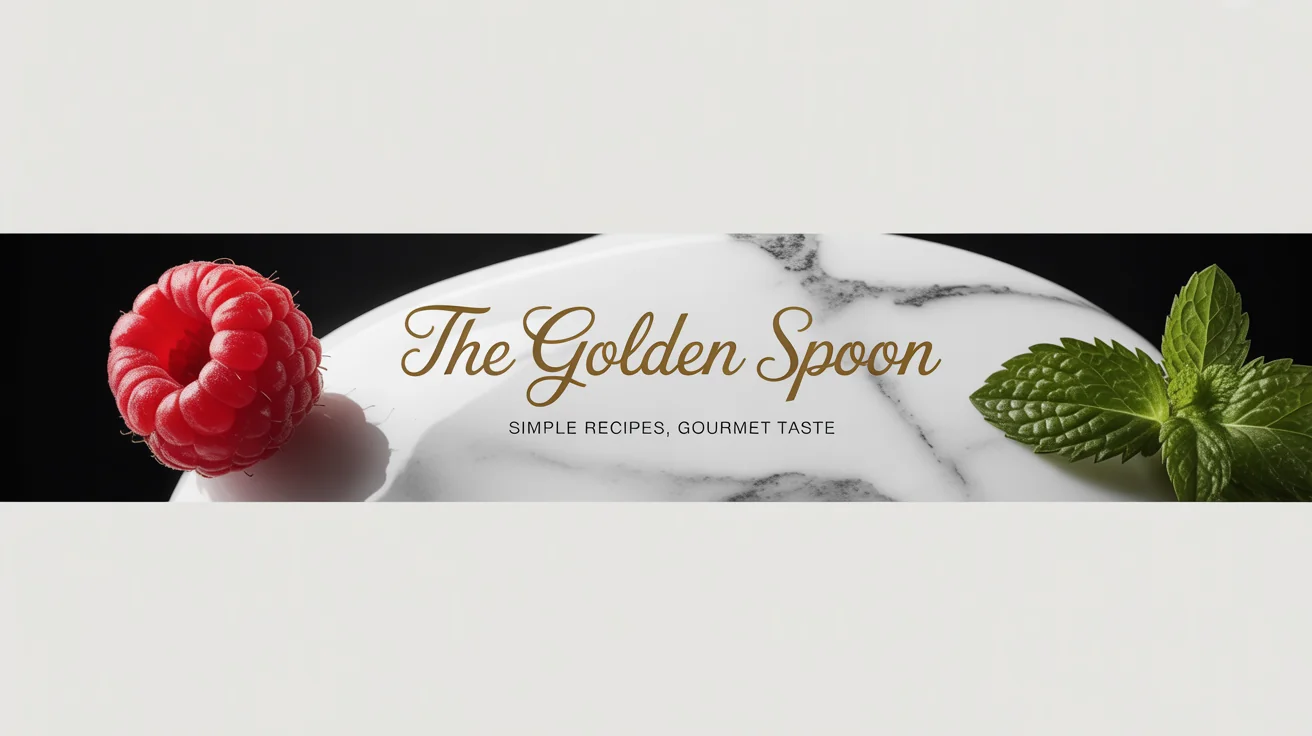 A mockup of a YouTube channel art banner for a cooking channel, showing the channel name 'The Golden Spoon' in gold script on a white marble background, flanked by a raspberry and a mint leaf.