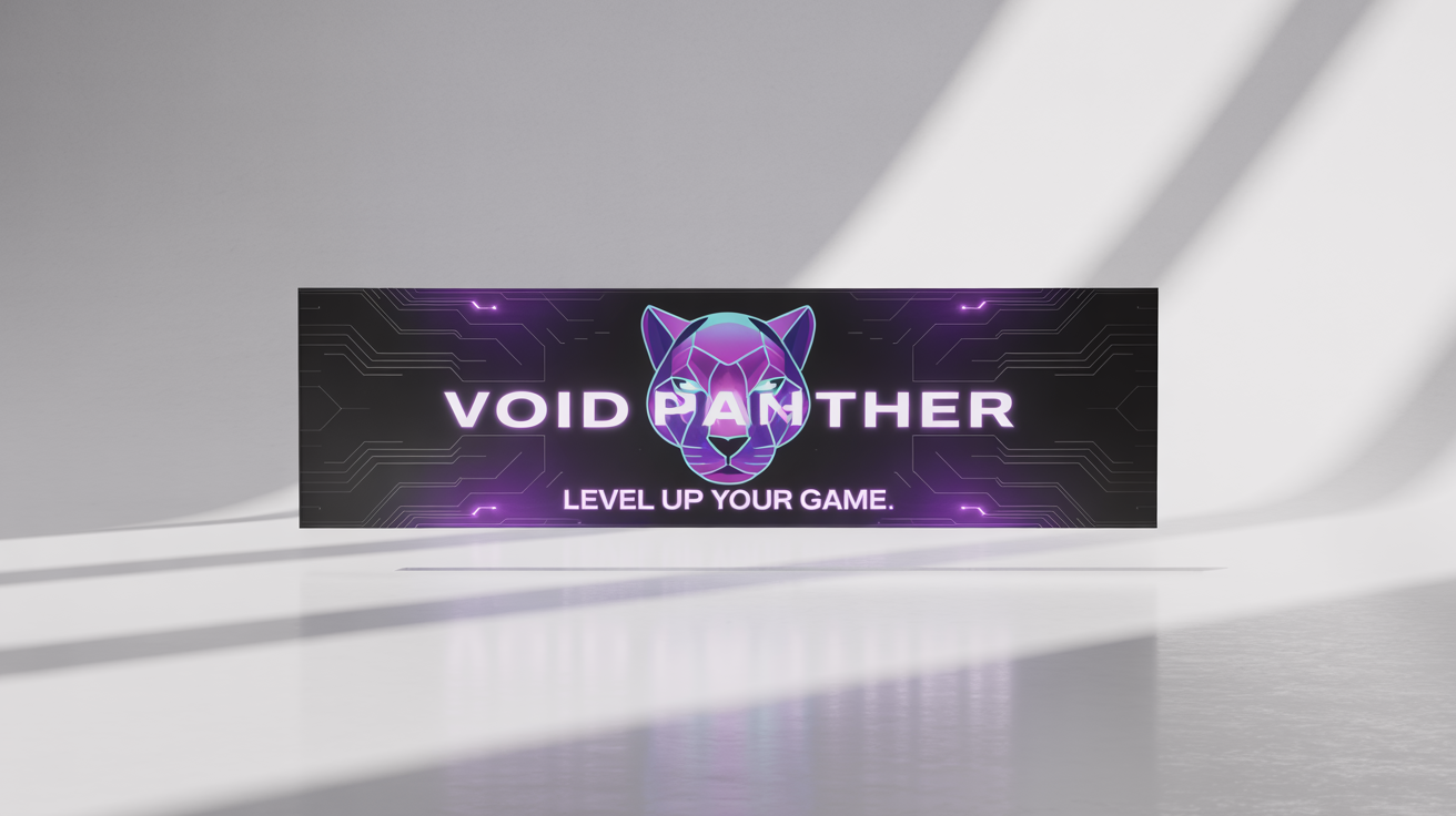 A mockup of a YouTube channel art banner for a gaming channel called 'Void Panther'. The design features a futuristic neon panther logo on a dark, high-tech background, all displayed against a clean white surface.