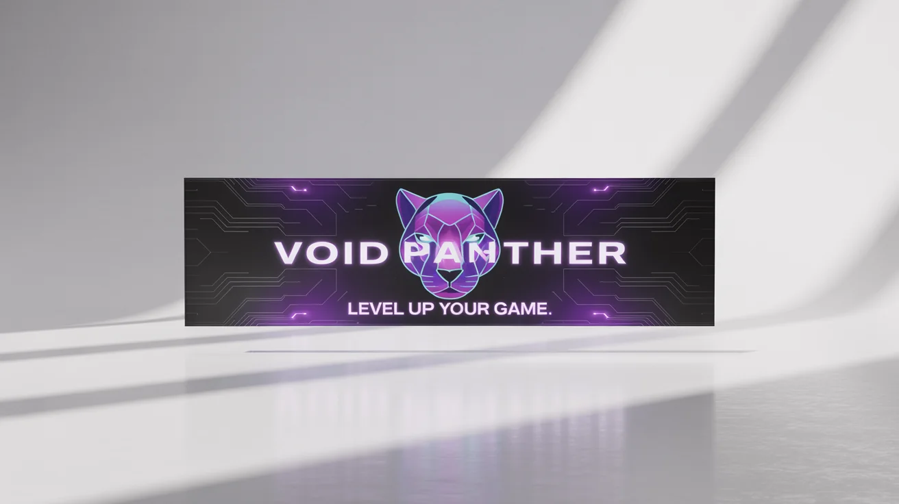 A mockup of a YouTube channel art banner for a gaming channel called 'Void Panther'. The design features a futuristic neon panther logo on a dark, high-tech background, all displayed against a clean white surface.