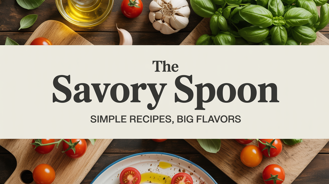A mockup of a YouTube channel art banner for a cooking channel named 'The Savory Spoon', featuring a top-down view of fresh ingredients on a wooden table.