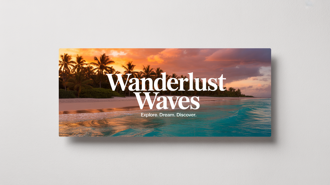 A mockup of a YouTube channel art banner for a travel vlog called 'Wanderlust Waves', showing a beautiful beach sunset image against a white background.