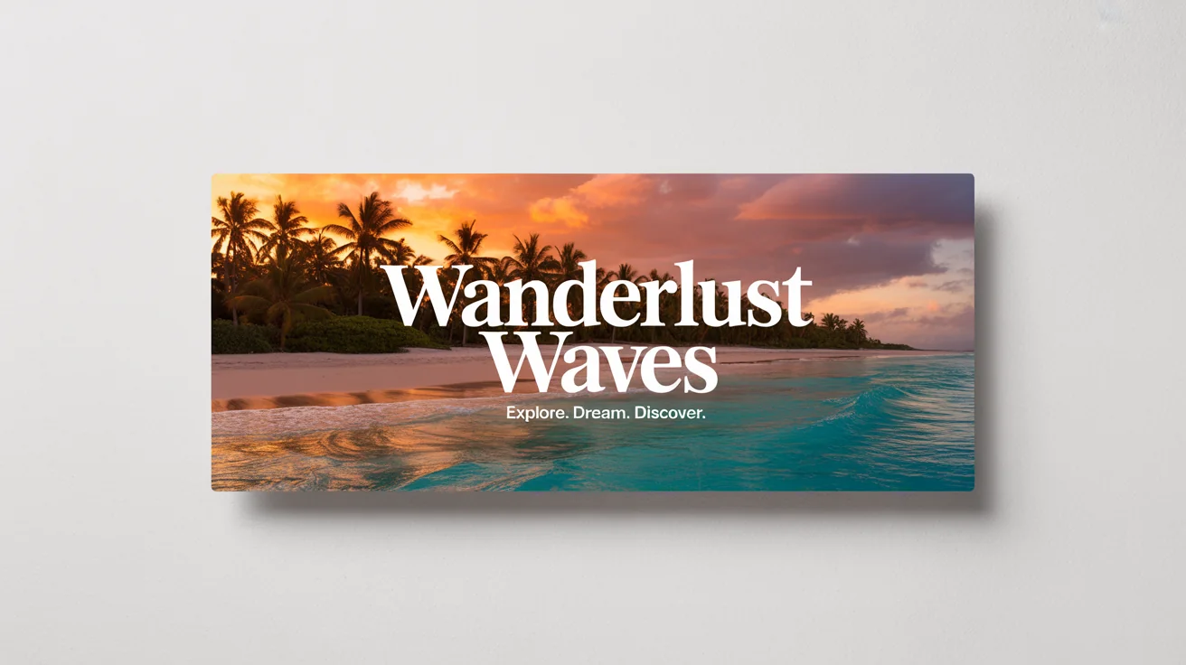 A mockup of a YouTube channel art banner for a travel vlog called 'Wanderlust Waves', showing a beautiful beach sunset image against a white background.