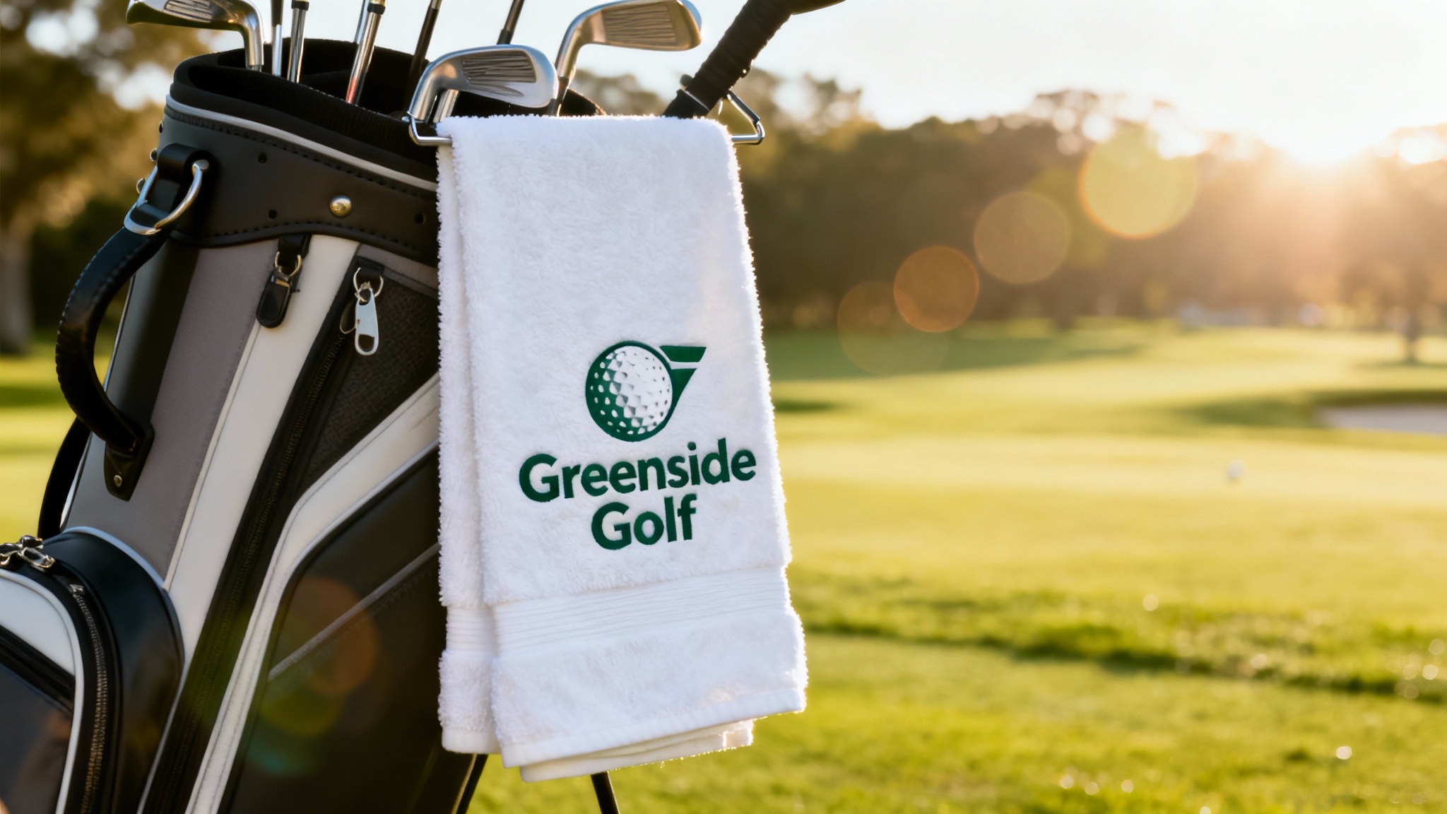 A high-quality mockup of a white golf towel featuring a custom 'Greenside Golf' logo, hanging from a golf bag on a sunny golf course.