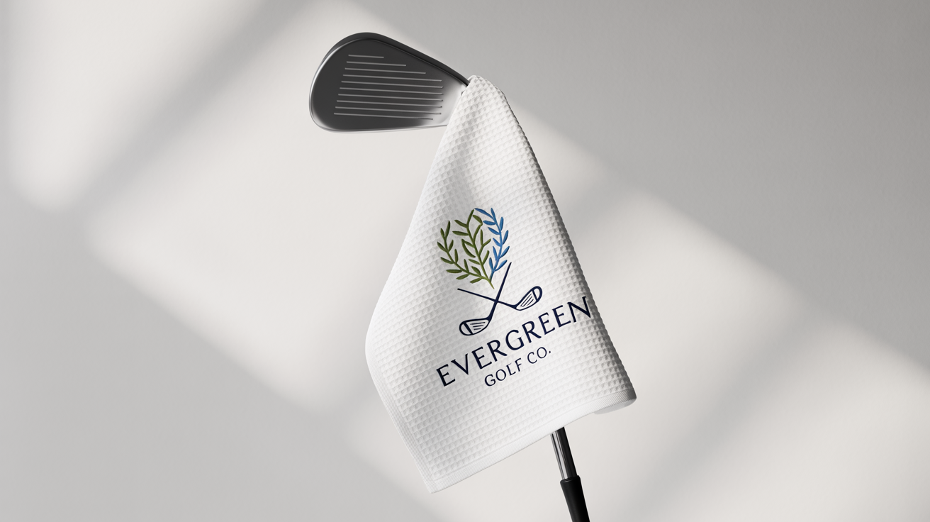 A high-quality mockup of a white, waffle-textured golf towel with an embroidered crest and the brand name 'Evergreen Golf Co.' hanging from a golf club against a solid white background.