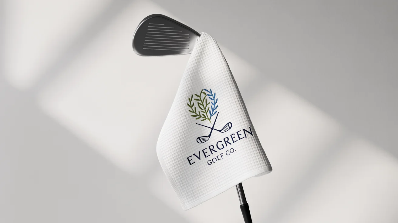 A high-quality mockup of a white, waffle-textured golf towel with an embroidered crest and the brand name 'Evergreen Golf Co.' hanging from a golf club against a solid white background.