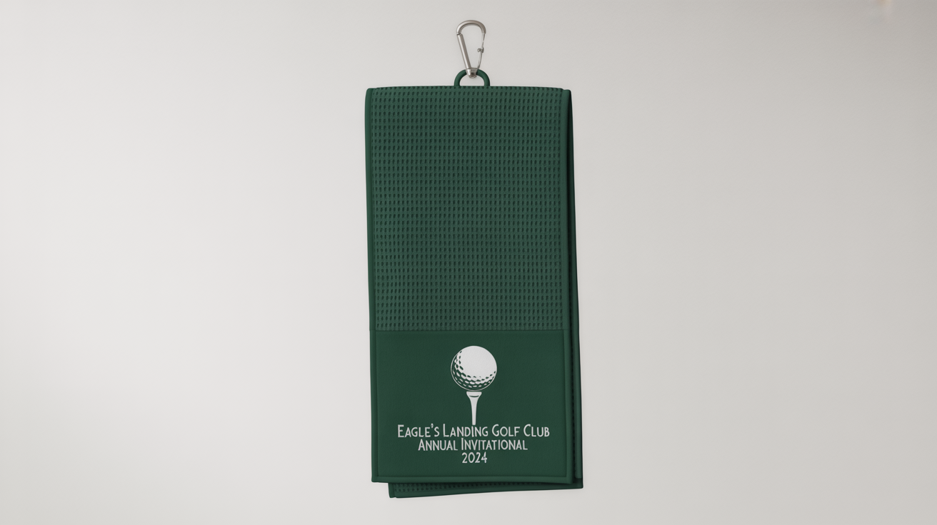 A professional mockup of a forest green, trifold golf towel with an embroidered logo for 'Eagle's Landing Golf Club', hanging from a carabiner clip against a plain white background.