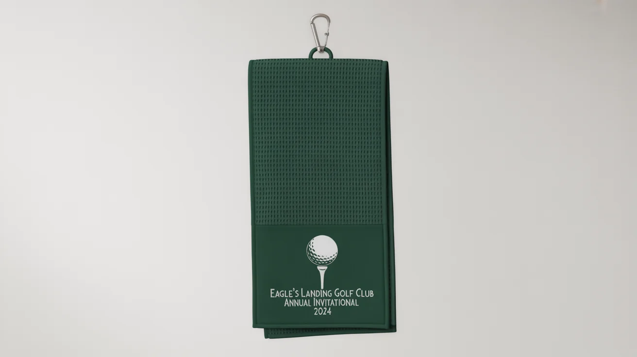 A professional mockup of a forest green, trifold golf towel with an embroidered logo for 'Eagle's Landing Golf Club', hanging from a carabiner clip against a plain white background.
