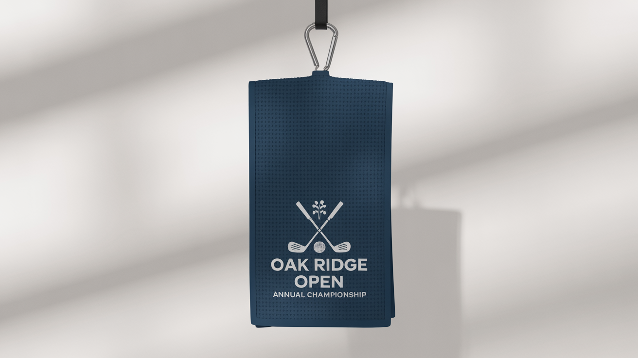 A navy blue waffle-textured golf towel mockup with an embroidered crest and the words 'OAK RIDGE OPEN' hanging from a clip against a plain white background.
