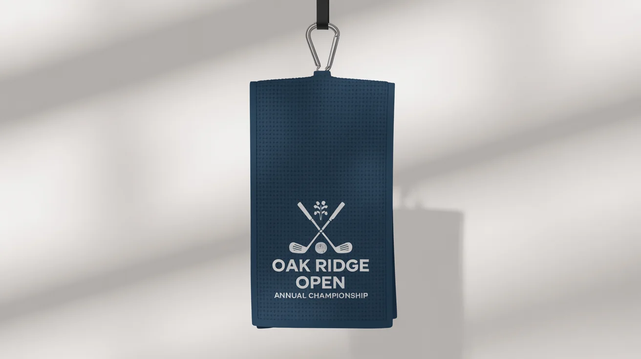 A navy blue waffle-textured golf towel mockup with an embroidered crest and the words 'OAK RIDGE OPEN' hanging from a clip against a plain white background.