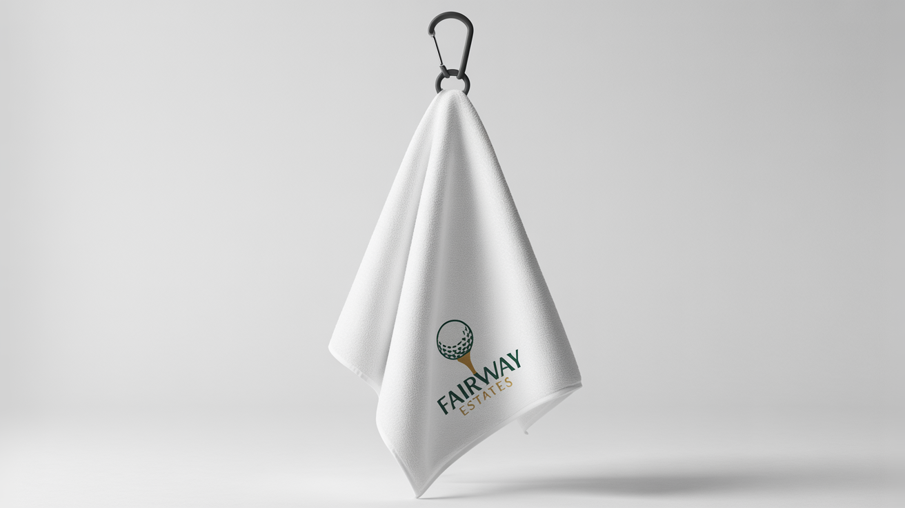 A professional mockup of a white, tri-fold microfiber golf towel with a carabiner clip, featuring an elegant embroidered logo that reads 'Fairway Estates', set against a plain white background.