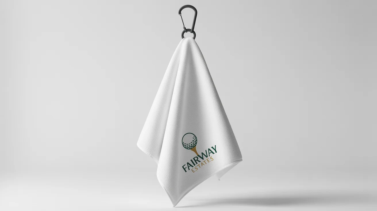 A professional mockup of a white, tri-fold microfiber golf towel with a carabiner clip, featuring an elegant embroidered logo that reads 'Fairway Estates', set against a plain white background.