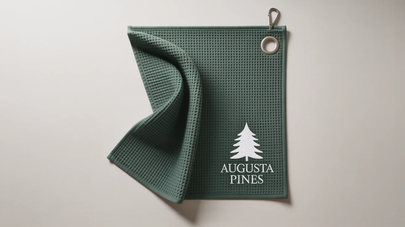 A dark green, waffle-textured golf towel with a silver carabiner clip, featuring a white embroidered logo that reads 'AUGUSTA PINES', presented against a clean white background.